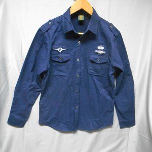 NWOT Kaslid blue button military style shirt large